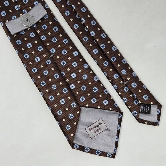 ERMENEGILDO ZEGNA SILK TIE BROWN GEOMETRIC LUXURY SATIN 3.5" X 59" RECENT - Picture 2 of 5